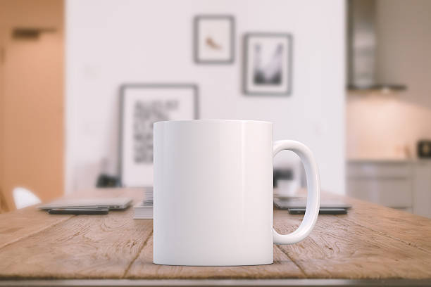 White blank coffee mug ready for your custom design/quote. Mockup Styled Stock Product Image, white mug that you can add your custom design/quote to. Focus on the mug, rest of the image is soft. mug photos stock pictures, royalty-free photos & images