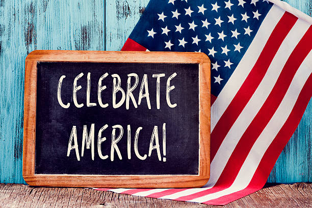 istock text celebrate America and American flag 543595398