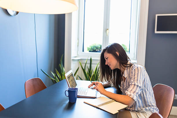 istock Woman is using laptop at home 543595404