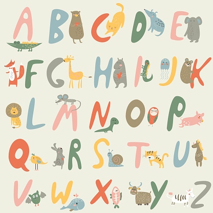 Vector zoo alphabet with cute animals in cartoon style