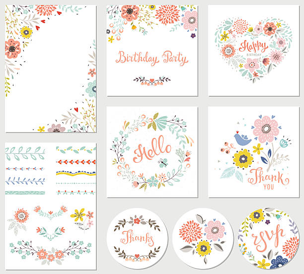 Birthday Parti Floral Set Birthday floral card set with decorative flowers, butterfly, branches, floral wreath and pattern brushes. Good for greeting cards, birthday party invitations, thank you and RSVP cards, posters and many others floral designs. Vector illustration. floral menu card stock illustrations
