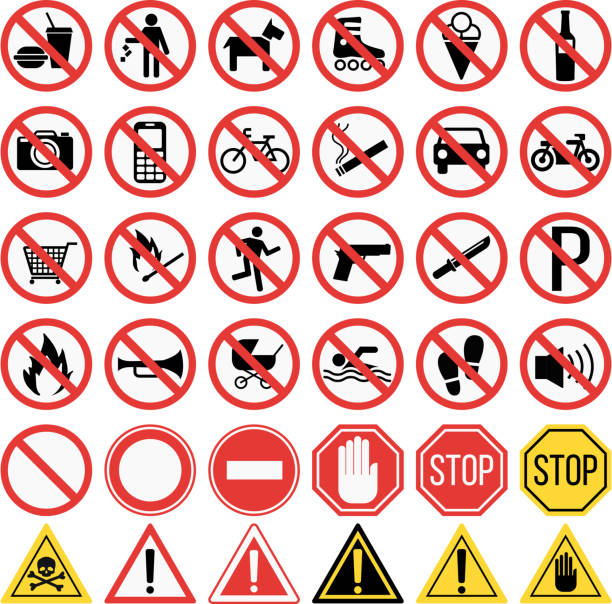 ilustraciones, imágenes clip art, dibujos animados e iconos de stock de señales de prohibición de ilustración de vectores - road sign symbol stop stop gesture