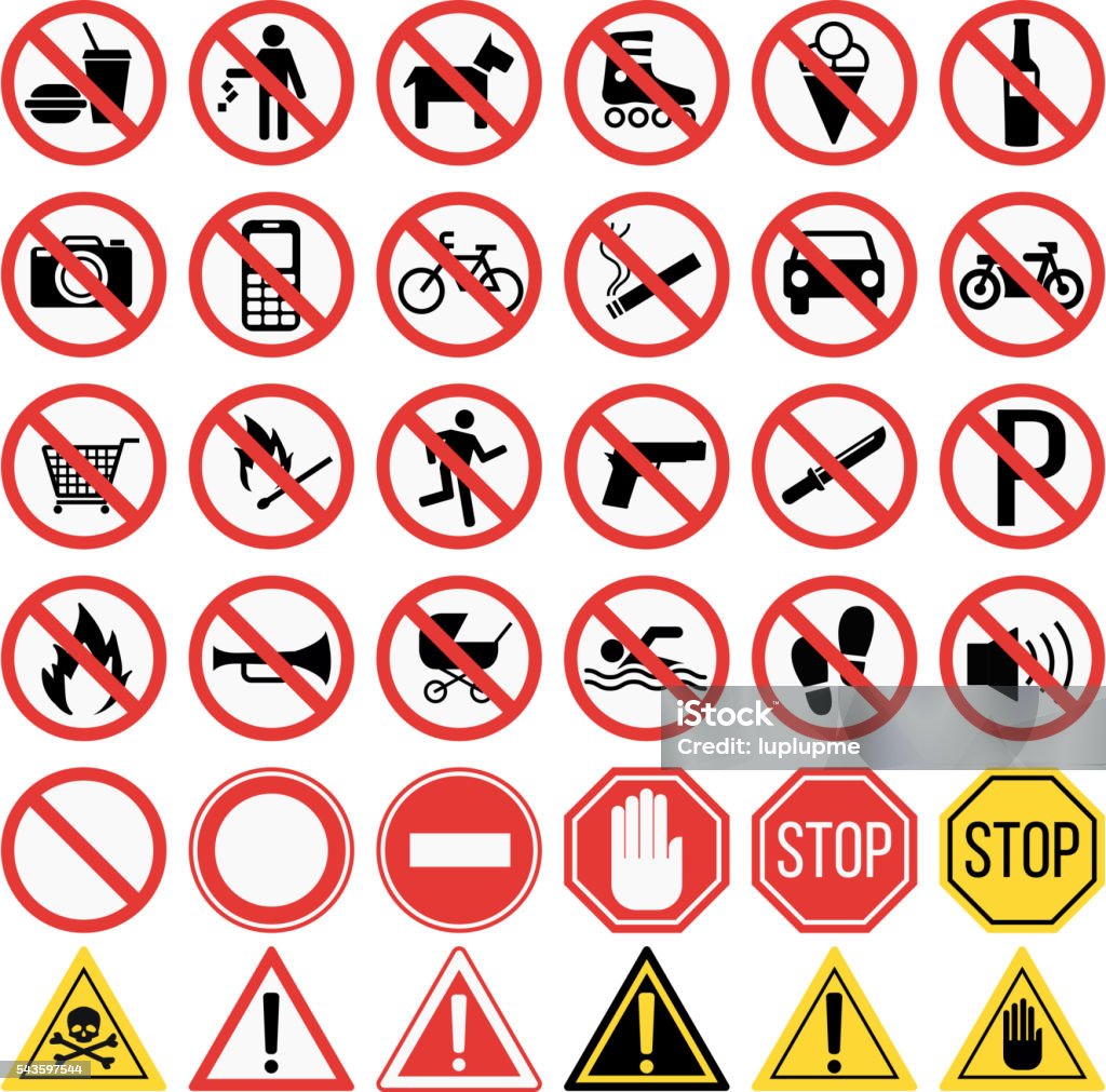 prohibiting signs set vector illustration Prohibition signs set vector illustration. Warning danger symbol prohibiting signs. Forbidden safety information prohibiting signs. Protection signs no pet warning information sign. Forbidden stock vector