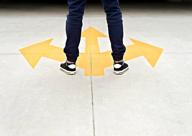 istock Feet and three arrows painted on floor 543597562