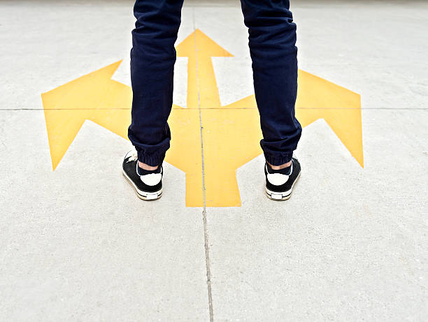 istock Feet and three arrows painted on floor 543597658