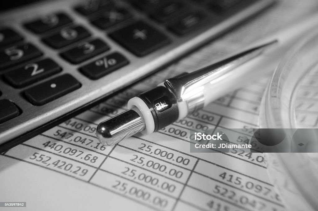 Balance Sheet Home Finance, Calculator, Ball Pen, Amount Accountancy Stock Photo