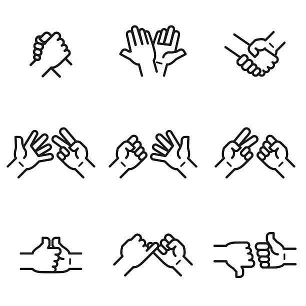 ilustraciones, imágenes clip art, dibujos animados e iconos de stock de iconos de las manos en acción - choque de manos en el aire