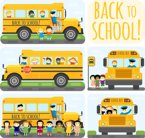 ilustrações de stock, clip art, desenhos animados e ícones de autocarro escolar vetor set. - bus school bus education cartoon