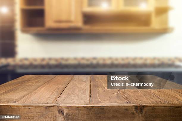 Wood Desk Space And Blurred Of Kitchen Background Stock Photo - Download Image Now - Wood - Material, Table, Kitchen