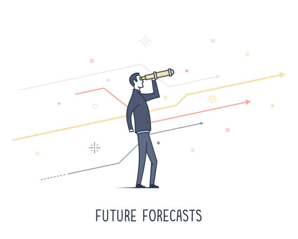 Future Forecasting Abstract and symbolic presentation. Future forecasting, business man holding telescope. Outline vector illustration. binoculars patterns stock illustrations
