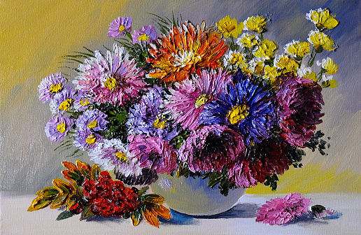 Oil painting on canvas - still life flowers on the table