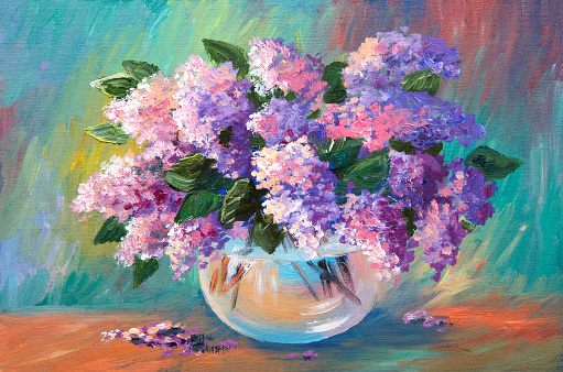 Oil painting of spring lilac  in a vase