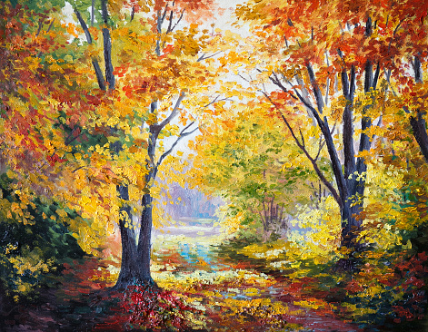 oil painting on canvas - autumn forest, abstract, season, modern