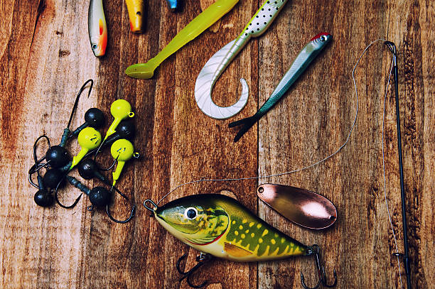 istock Fishing baits isolated on wooden background 543656250
