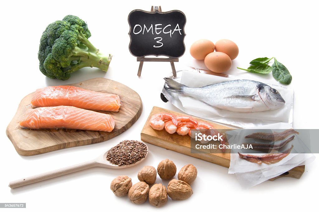 Omega 3 rich foods Collection of foods high in fatty acids omega 3 including seafood, vegetables and seeds Omega-3 Stock Photo