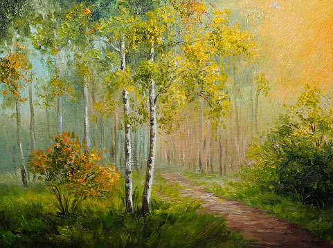 oil painting on canvas - birch forest, abstract drawing, made in the style of Impressionism, green, spring
