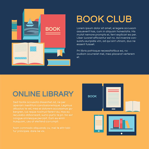 Banner template with books Banners template vector with books. Collection of elements: open book, e-book, online library, a stack of books. Illustration of book club. Background for invitation cards, web pages, covers, posters. book club stock illustrations