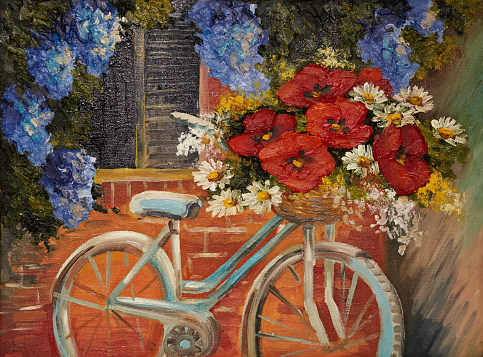 oil painting on canvas - flowers near a wall, bike with a bouquet of flowers,  outdoor, medieval