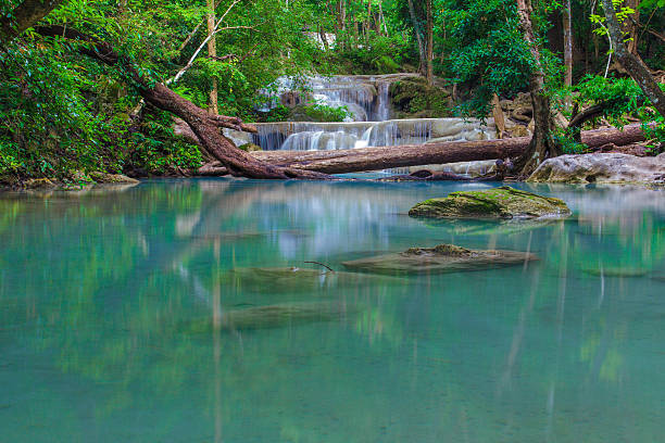 wasserfall - erawan beauty in nature waterfall clean stock-fotos und bilder