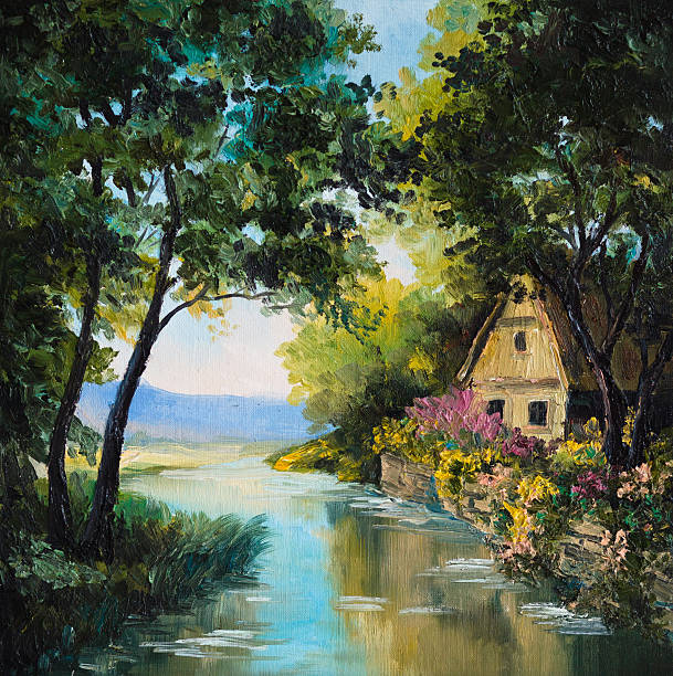 pintura al óleo sobre lienzo - casa cerca del río - painting artist landscape painted image fotografías e imágenes de stock