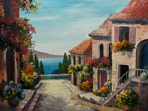 oil painting on canvas - house near the sea, europe, volcano