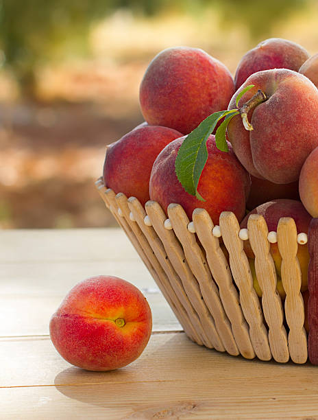 istock fresh ripe peaches in the basket on the wood table 543659362