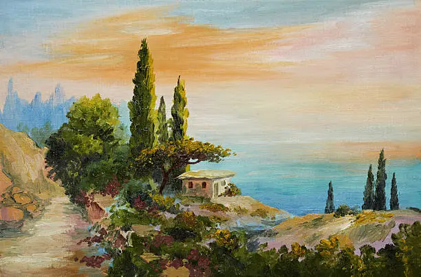 oil painting on canvas - house on the beach, artwork, design, city, blue, panorama