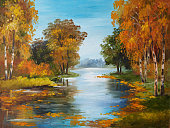 oil painting on canvas - river in forest