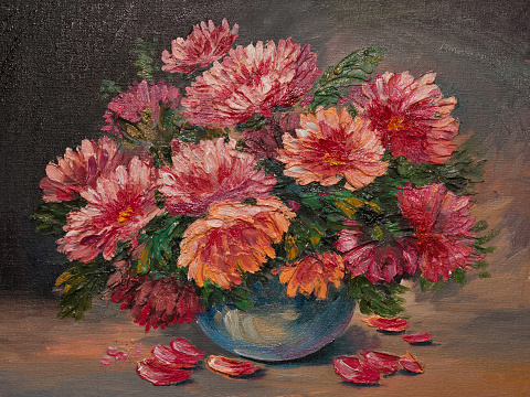 oil painting on canvas - still life flowers on the table, decorating, design