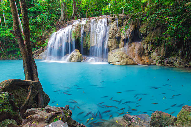 wasserfall - erawan beauty in nature waterfall clean stock-fotos und bilder