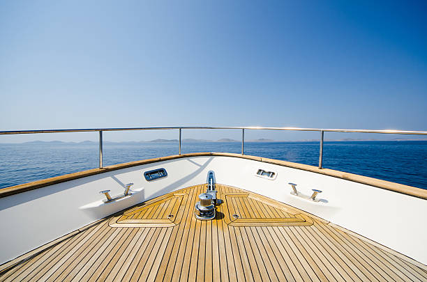 Wide angle shot of front of the yacht Wide angle shot of front of the yacht in summer timeWide angle shot of front of the yacht in summer time ships bow stock pictures, royalty-free photos & images