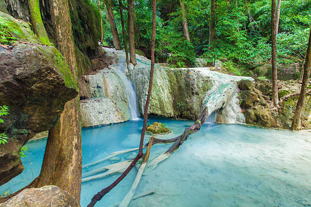 wasserfall - erawan beauty in nature waterfall clean stock-fotos und bilder