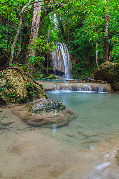 wasserfall - erawan beauty in nature waterfall clean stock-fotos und bilder