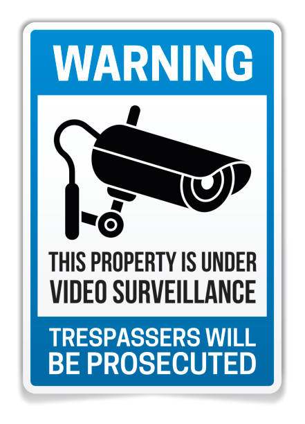 Property Under Video Surveillance Warning Sign Property under video surveillance warning sign and gun silhouette. EPS 10 file. Transparency effects used on highlight elements. surveillance camera sign stock illustrations