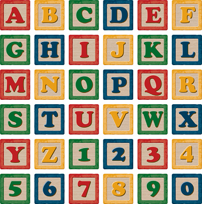 A set of brightly coloured wooden child's alphabet blocks. Includes all letters of the alphabet as well as a full set of numbers.