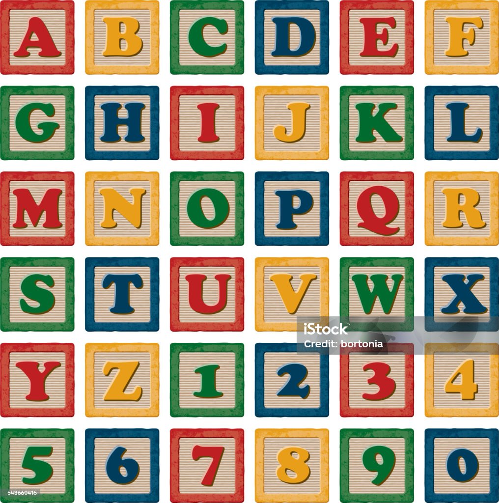 Wooden Children's Toy Alphabet Blocks Set A set of brightly coloured wooden child's alphabet blocks. Includes all letters of the alphabet as well as a full set of numbers. Toy Block stock vector