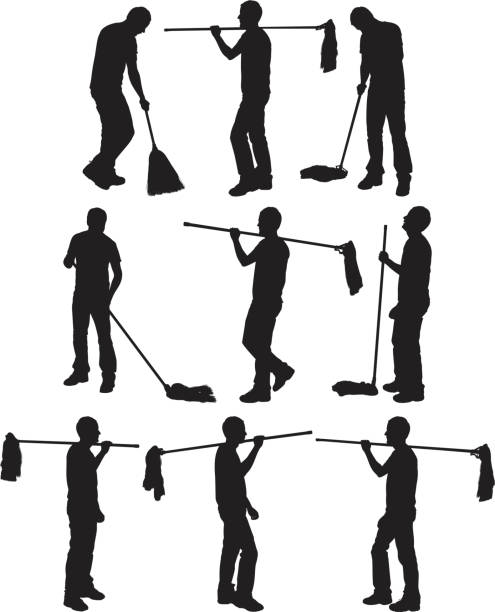 Male janitor in various actions Male janitor in various actionshttp://www.twodozendesign.info/i/1.png custodian silhouette stock illustrations