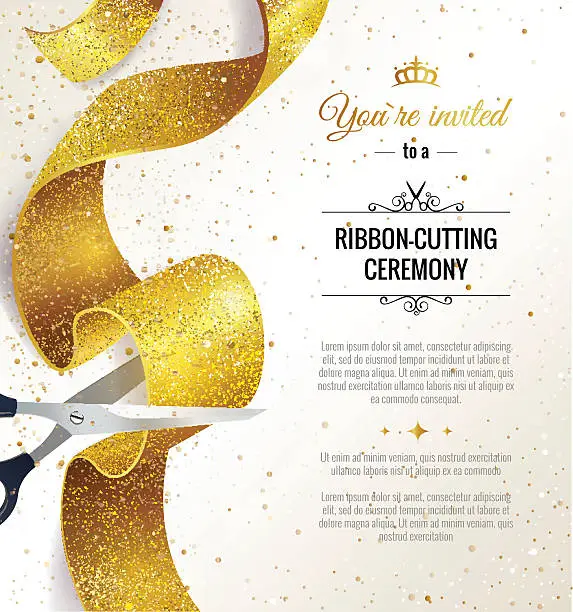Vector illustration of Grand opening vertical banner with gold sparkles.