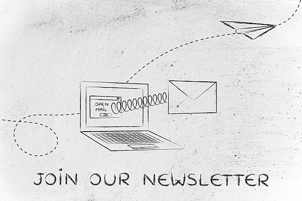 join our newsletter: email envelope coming out of laptop screen with a screen