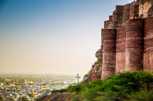 A view at a portion of Mehrangarh Fort in Jodhpur, India also known as the Blue City. Houses can be seen in the background.