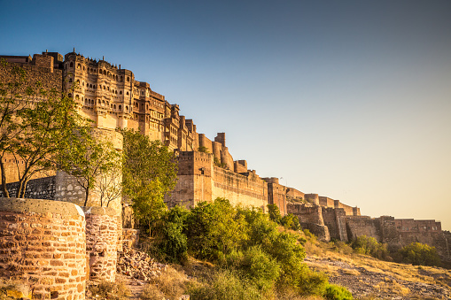 A view at a portion of Mehrangarh Fort in Jodhpur, India also known as the Blue City.