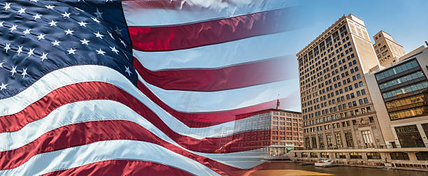 skyline of milwaukee with us flag