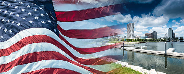 skyline of milwaukee with us flag 