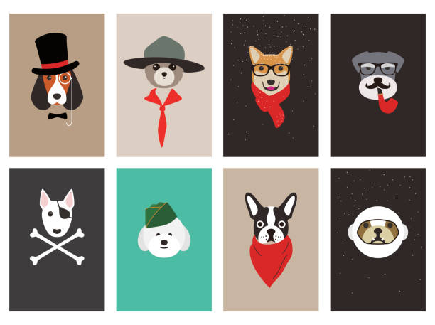 hipster, portrait of dog, gentlemen dog professionas, Fashion portrait of dog, schnauzer animal head man stock illustrations