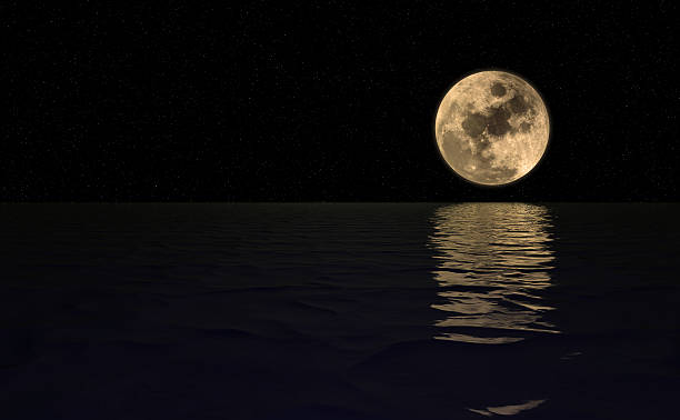 istock illustration with full moon over night water. 543672882
