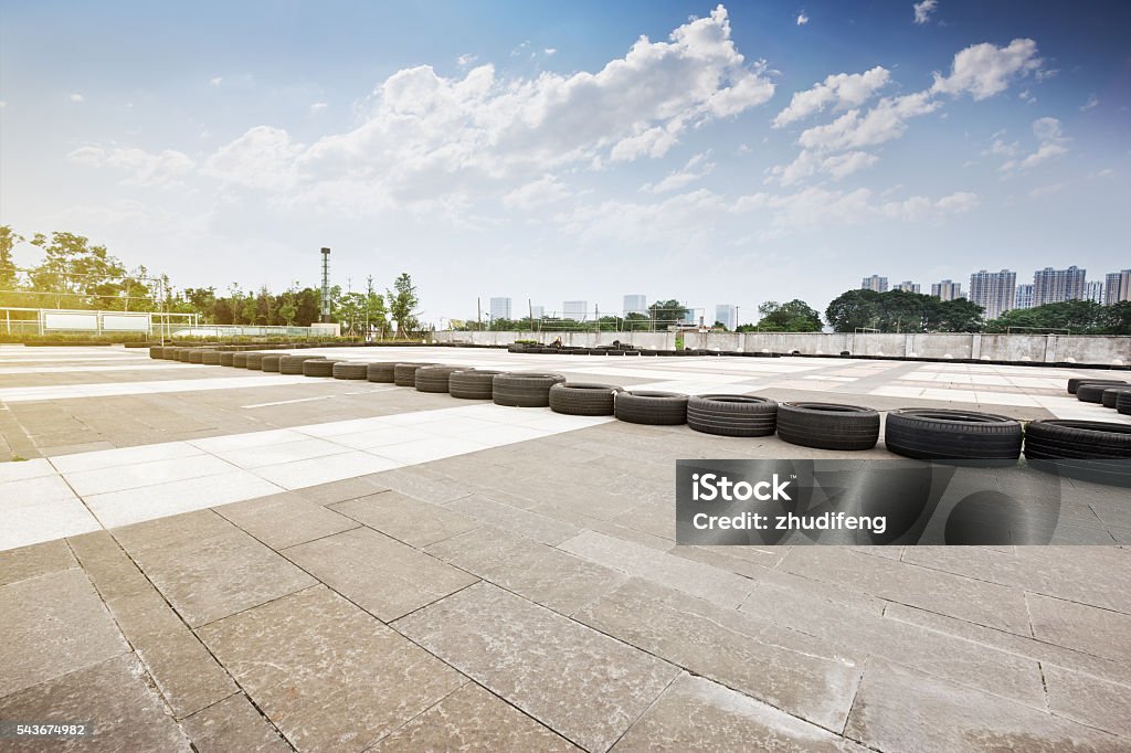 go cart track skyline and modern buildings skyline and modern buildings on view from go cart track Car Stock Photo