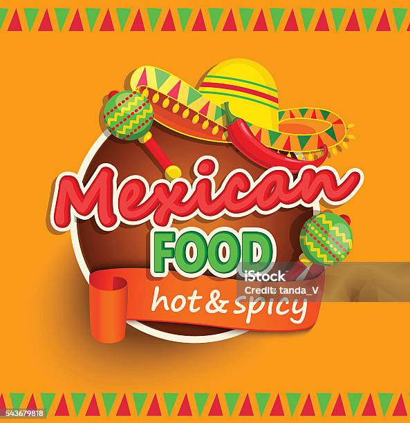 Ilustración de Comida Mexicana En La Etiqueta y más Vectores Libres de Derechos de Comida mexicana - Comida mexicana, México, Taco - Alimento