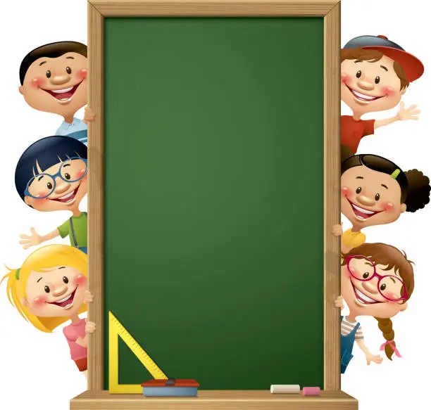 Vector illustration of children peeking behind blackboard