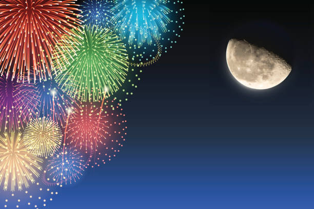 pół księżyca i pokaz sztucznych ogni - lunar new year stock illustrations
