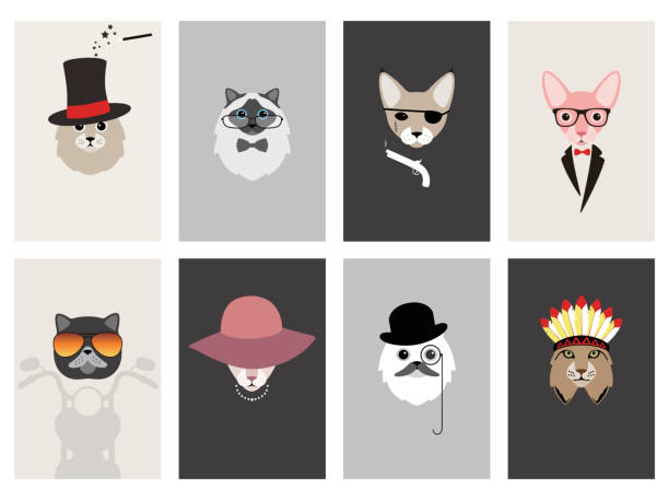 hipster, portrait of cat, gentlemen cat professionals, Fashion portrait of dog, cat with clothes stock illustrations
